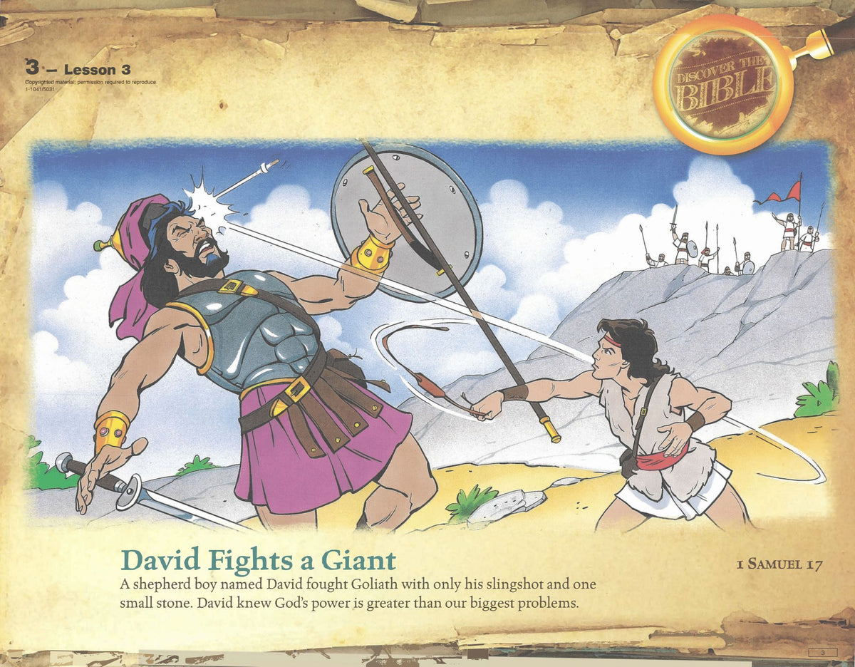 A printed educational Bible lesson card titled 'David Fights a Giant' from 'The Power of the Bible' series. The card features a cartoon illustration of David fighting a giant on a rocky hillside, with a biblical story summary printed below on a parchment-style background.
