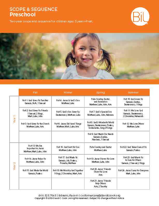 A printable monthly Bible lesson chart for children aged 3-6, titled 'Scope & Sequence Preschool' with an orange header and a white grid showing weekly lesson plans for Fall, Winter, Spring, and Summer seasons. The header includes a photo of a smiling young girl and the BiL logo.