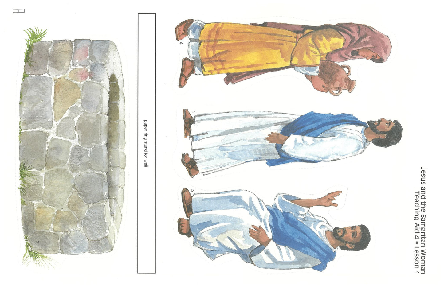 A printed illustration sheet showing a stone well on the left and three painted figures of Jesus and two disciples on the right, likely from a religious educational booklet or poster.