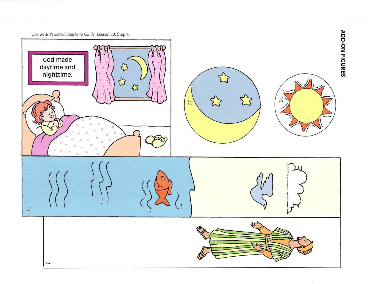 A printed educational activity sheet with illustrated panels and cutout-style graphics. The page includes a bedtime scene with a child in bed, a moon and stars, a sun, a fish, a bird, and a person in a striped robe, plus small text references at the top and left margin.