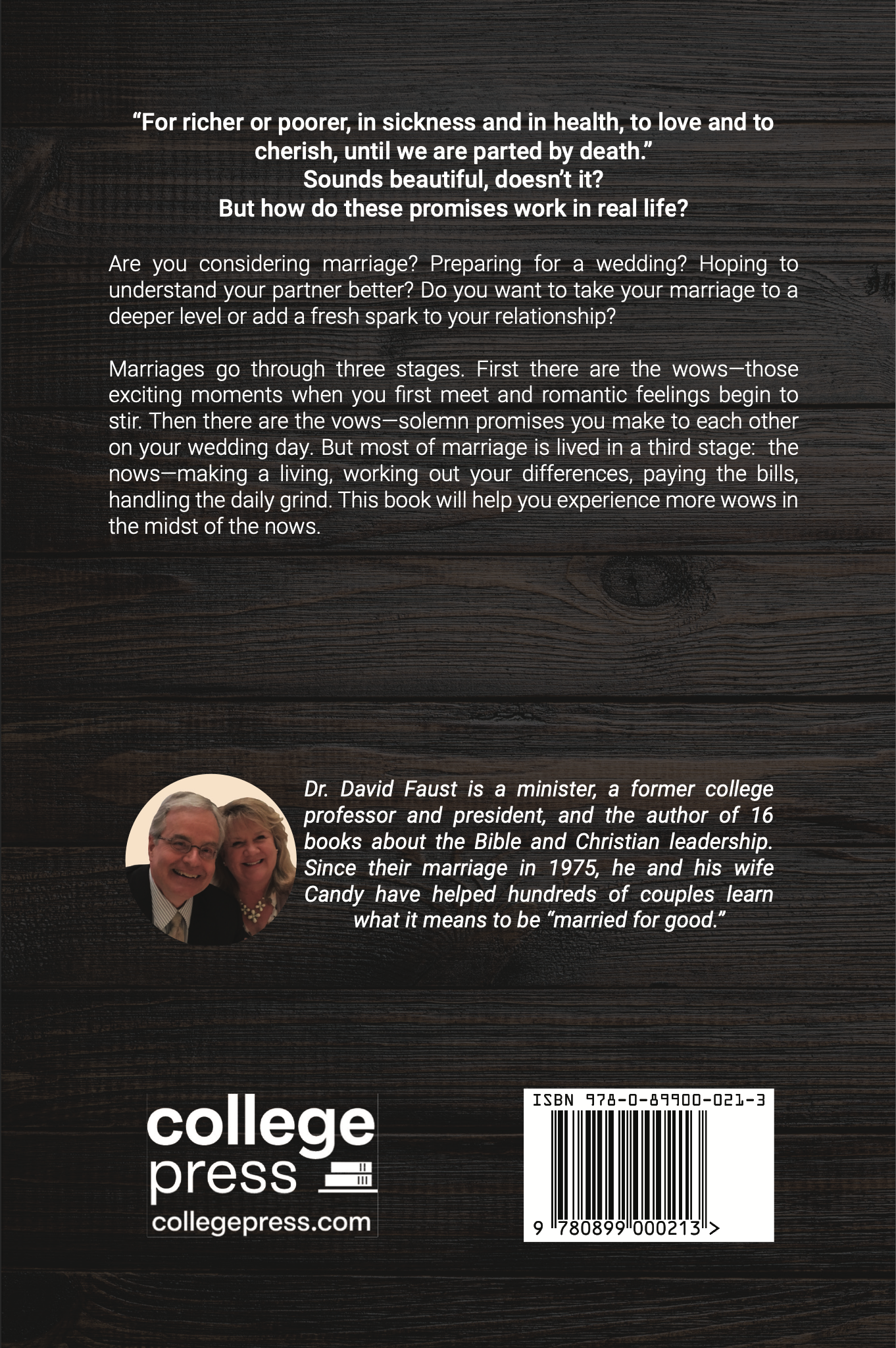 Wood print back cover with white text description and barcode