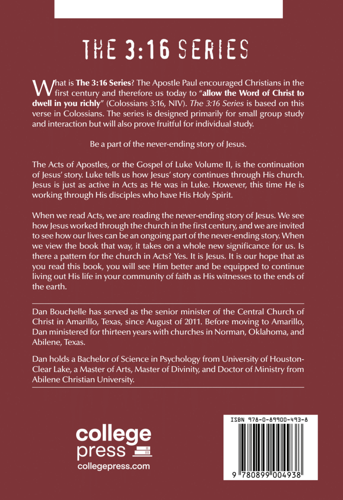 Back cover of a book titled 'The 3:16 Series' with text and branding information.