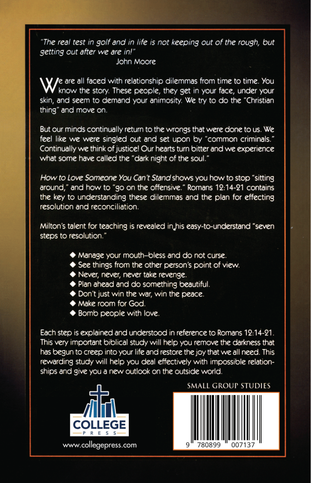 Back cover of a book with text and a barcode on a dark background