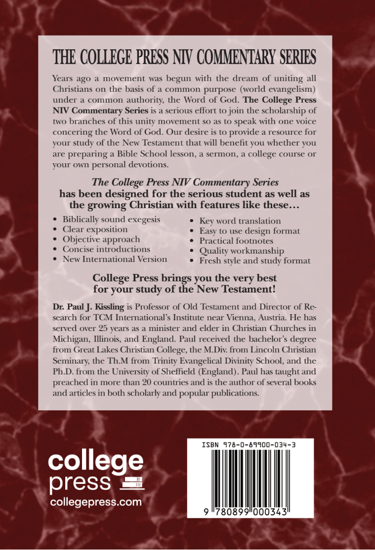 Back cover of the College Press NIV Commentary Series book, featuring a light beige title panel with black text, a list of features, a photo of Dr. Paul J.