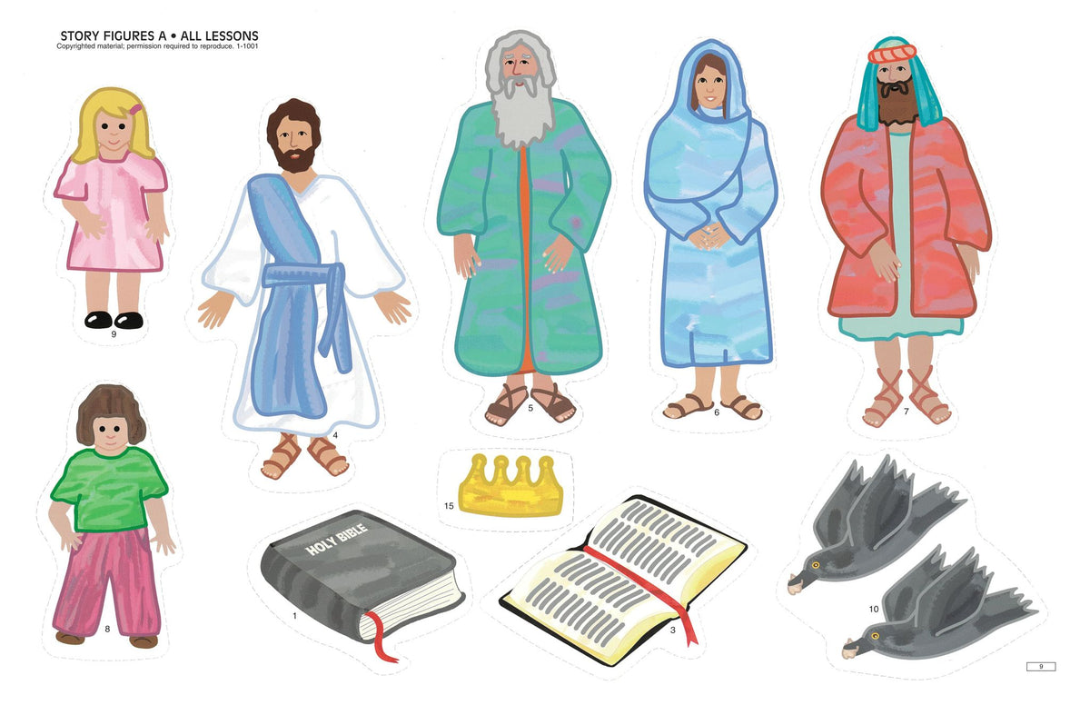 A set of illustrated paper-cut style story figures and small accessories on a white background, including several human characters in colorful robes and clothing, a gray Bible, an open book, a gold crown, and two gray birds.