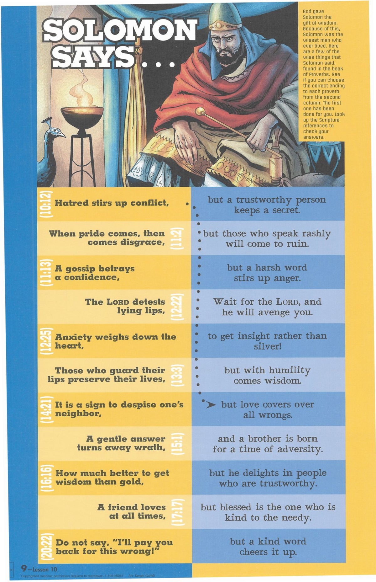 A printed poster or educational card titled 'SOLOMON SAYS.