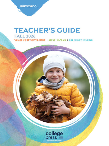 Teacher's Guide Fall 2026 publication cover from College Press, featuring a child in a yellow jacket holding autumn leaves inside a circular frame, with colorful watercolor-style graphics and the text 'PRESCHOOL' at the top.