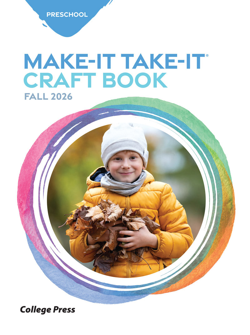 Front cover of the Preschool Make-It Take-It Craft Book Fall 2026 by College Press, featuring a child in a yellow jacket holding autumn leaves inside a colorful circular frame on a white background.