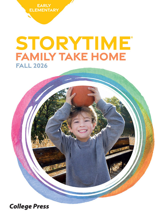 Front cover of the 'Storytime Family Take Home Fall 2026' educational resource by College Press, featuring a young boy smiling with a basketball on his head, framed by a colorful circular border on a white background.