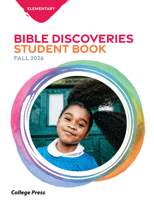 Front cover of the 'Bible Discoveries Student Book' for Fall 2026, Elementary level, published by College Press. The cover features a white background with a pink brushstroke logo at the top left, the title in bold pink and orange text, and a central circular photo of a smiling young girl with an afro hairstyle framed by colorful watercolor-style rings.