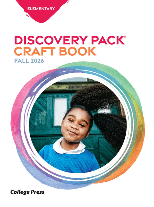 Front cover of the 'Discovery Pack Craft Book' for Fall 2026, Elementary level, published by College Press. The cover features a white background with a pink brushstroke logo at the top left, the title in bold pink and orange text, and a central circular graphic containing a photo of a young girl with high-pitched hair.
