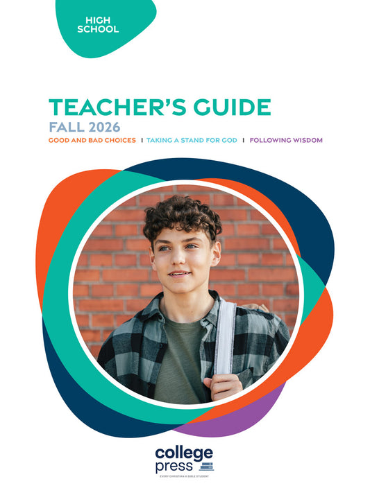 Teacher's Guide cover with a young man in front of a brick wall, colorful design elements, and text indicating 'High School' and 'Fall 2026'.