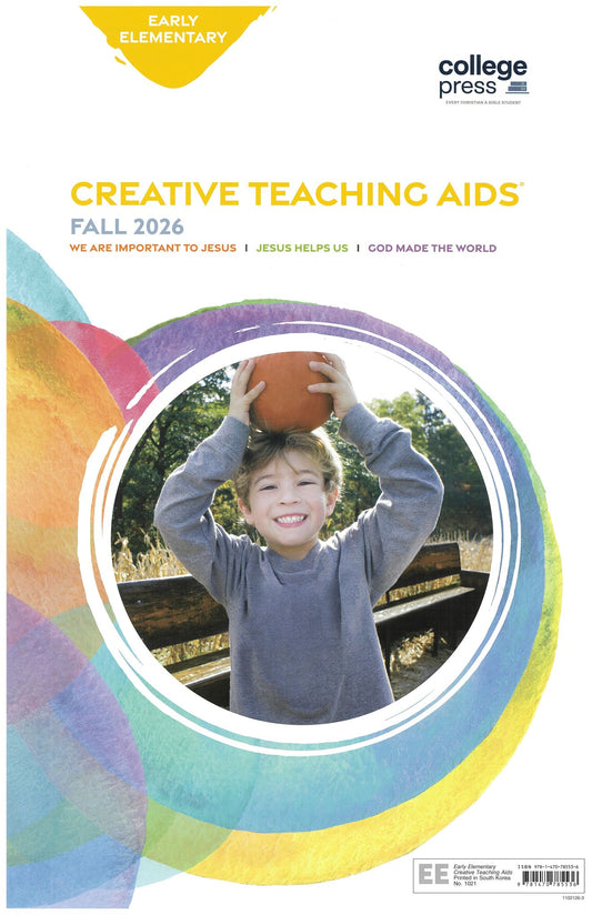 Front cover of the College Press 'Creative Teaching Aids' Early Elementary Fall 2026 publication, featuring a child holding a basketball over their head inside a circular frame with colorful abstract rings on a white background.