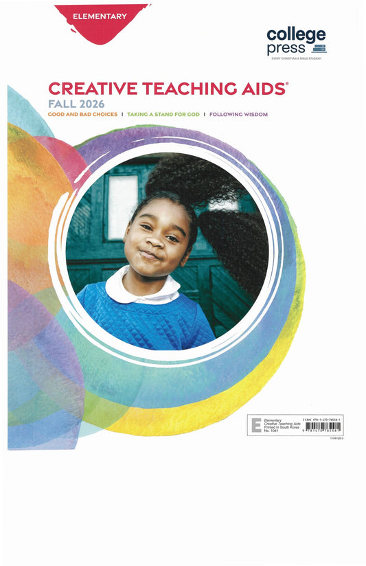 Front cover of a College Press publication titled 'Creative Teaching Aids Fall 2026' with a white background, multicolored abstract circular graphic, and a central photo of a smiling young girl in a blue sweater.