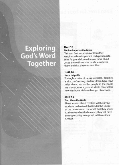 A printed educational worksheet or booklet page with a gray left panel containing the title 'Exploring God's Word Together' and a white right panel listing lesson objectives for Units 13 through 15.