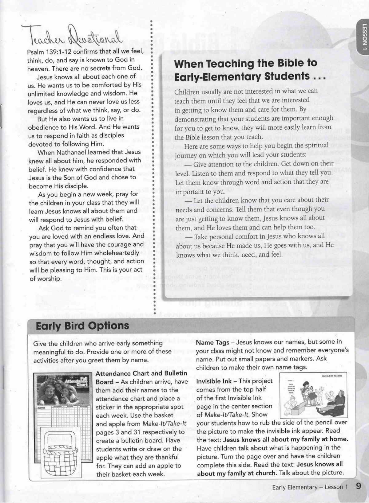 A printed educational worksheet page titled 'Teacher's Resource' with text sections about teaching the Bible to early elementary students, including headings, paragraphs, and small inset images and diagrams.
