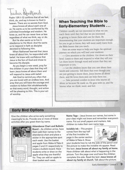 A printed educational worksheet page titled 'Teacher's Resource' with text sections about teaching the Bible to early elementary students, including headings, paragraphs, and small inset images and diagrams.