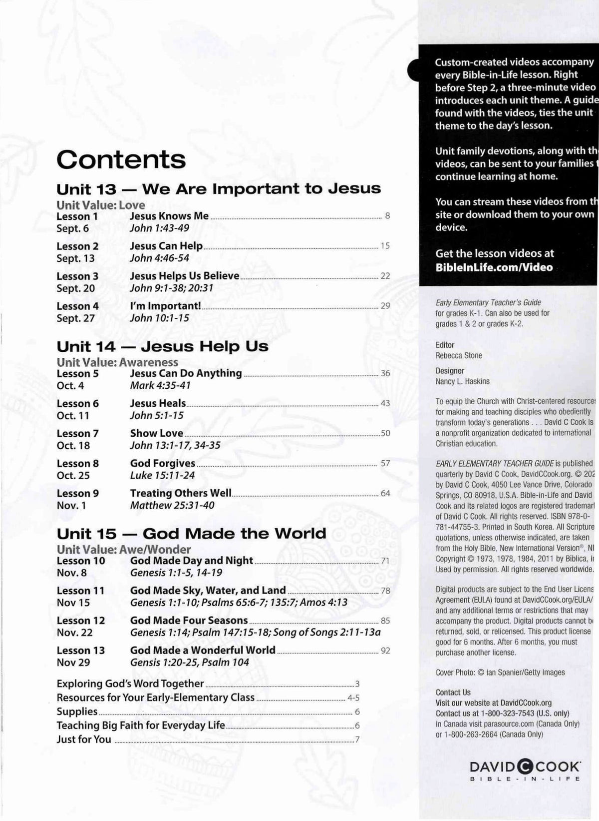 A printed or digital page from a Davy Cook Bible lesson workbook showing the table of contents for Units 13, 14, and 15, with black text on a white background and a dark sidebar containing additional information.