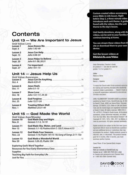 A printed or digital page from a Davy Cook Bible lesson workbook showing the table of contents for Units 13, 14, and 15, with black text on a white background and a dark sidebar containing additional information.