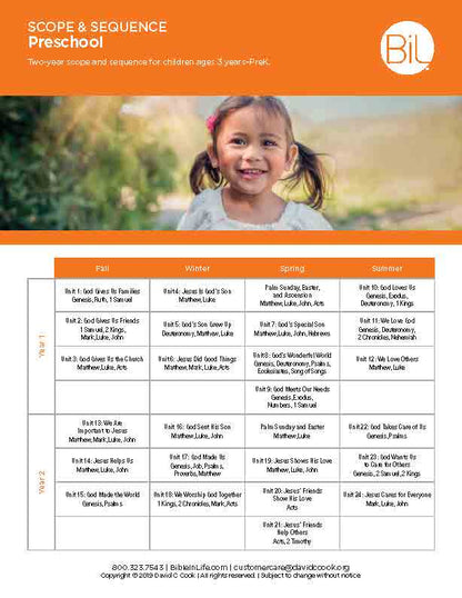 A printable monthly Bible lesson chart for children aged 3-6, titled 'Scope & Sequence Preschool' with an orange header and a white grid showing weekly lesson plans for Fall, Winter, Spring, and Summer seasons. The header includes a photo of a smiling young girl and the BiL logo.