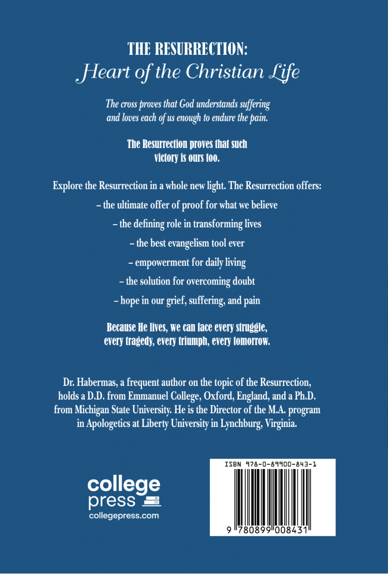 Back cover of a book with text about the Resurrection and contact information for College Press.