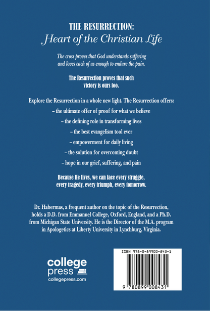 Back cover of a book with text about the Resurrection and contact information for College Press.