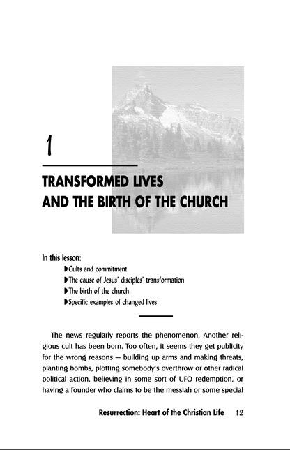 Page from a book or document titled 'Transformed Lives and the Birth of the Church' with a mountain image.