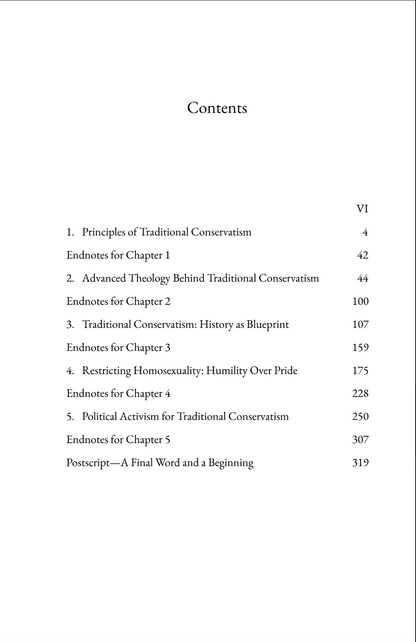 Table of contents for a book on traditional conservatism with chapter titles and page numbers.