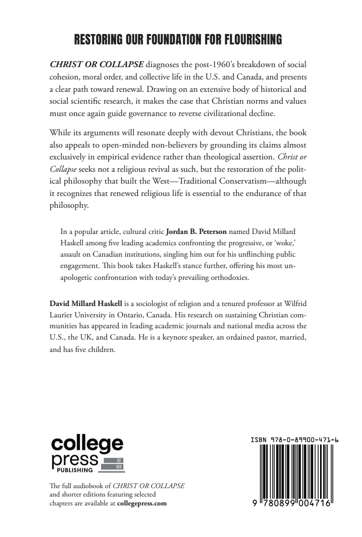 Back cover of a book with text and a barcode, featuring the title 'Christ or Collapse' and publisher 'College Press'.