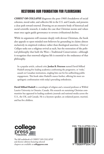Back cover of a book with text and a barcode, featuring the title 'Christ or Collapse' and publisher 'College Press'.