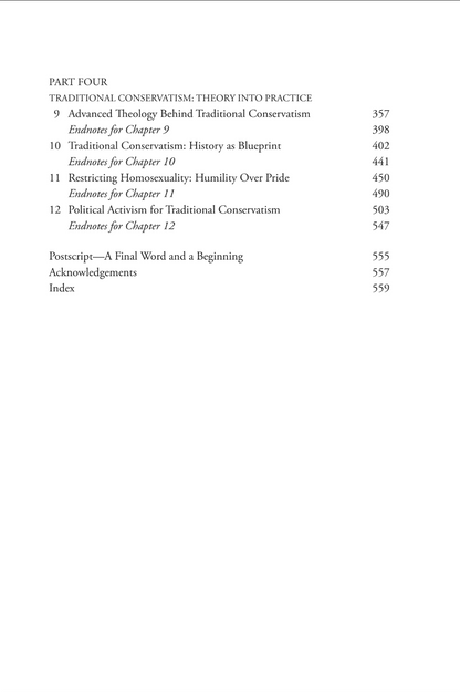 Table of contents page for a book on traditional conservatism with chapter titles and page numbers.