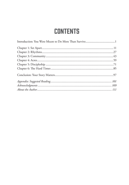 Table of contents page white with black text