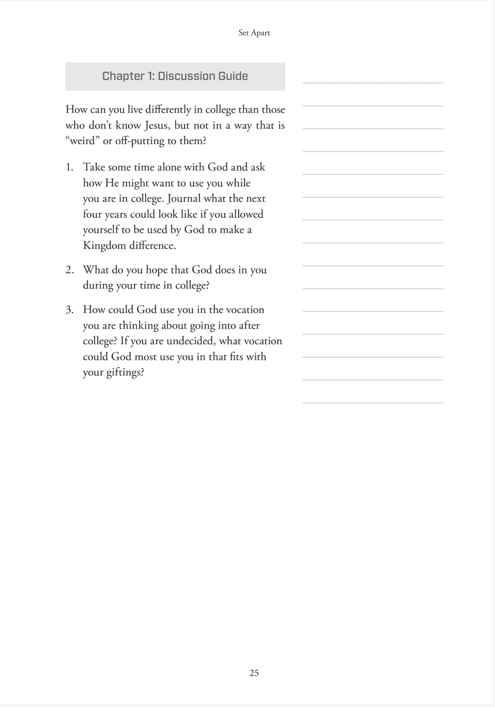 Chapter 1 discussion guide questions white page with black text and lines for notes