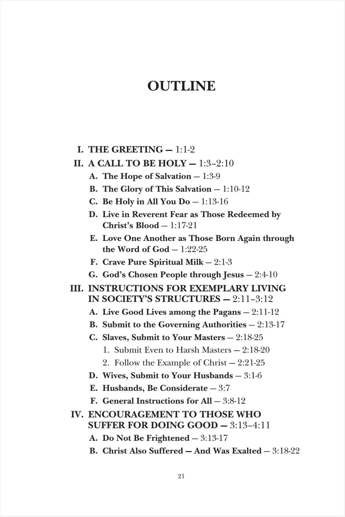 A text-based outline page with Roman numerals and subsections titled 'OUTLINE' and biblical verse references, shown on a white background.