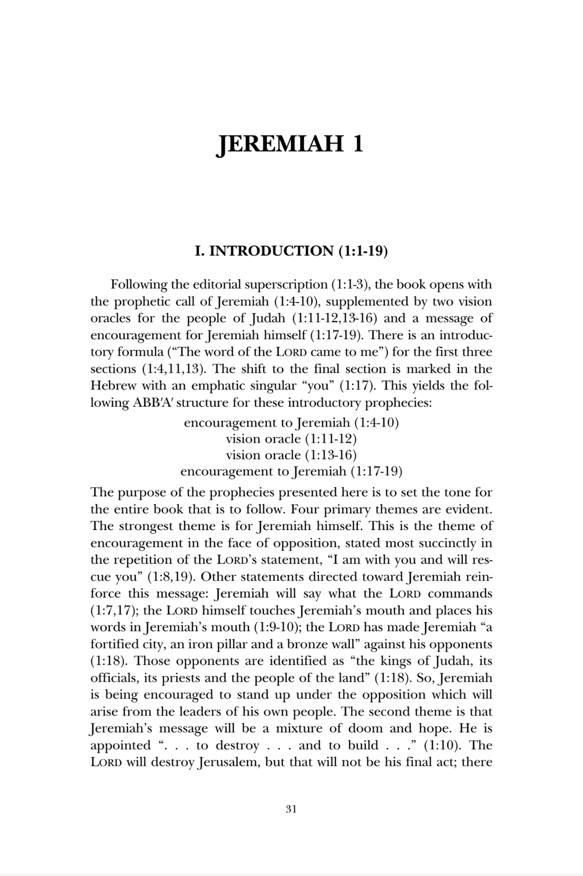 A scanned book page with the title JEREMIAH at the top and a dense block of text under it, including the heading 'I. INTRODUCTION (1:1-9)'.