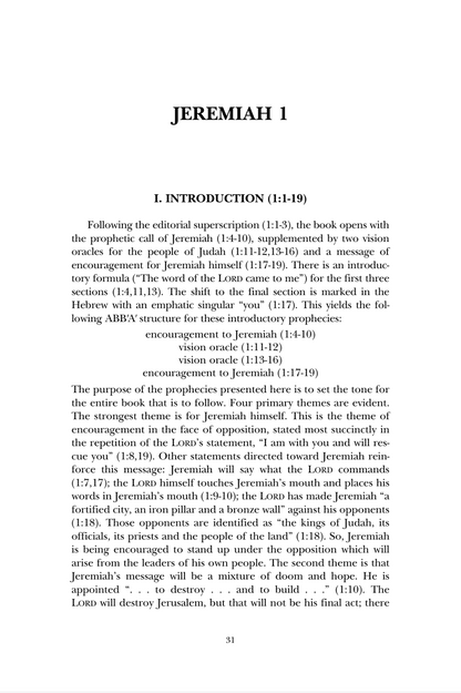 A scanned book page with the title JEREMIAH at the top and a dense block of text under it, including the heading 'I. INTRODUCTION (1:1-9)'.