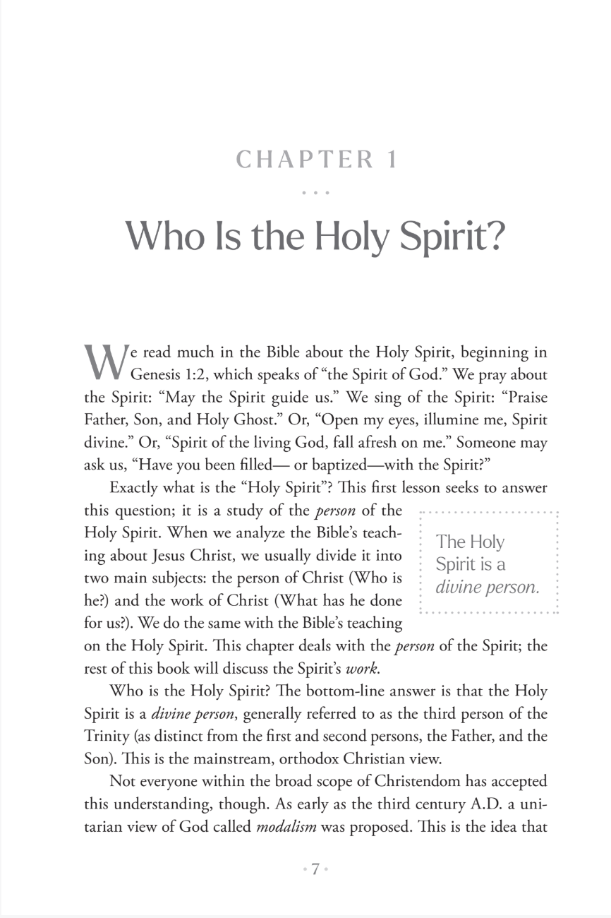 A scanned book page showing the beginning of Chapter 1 titled 'Who Is the Holy Spirit?' with a large white page, black serif text, and a small inset illustration of the Holy Spirit as a dove on a blue background.