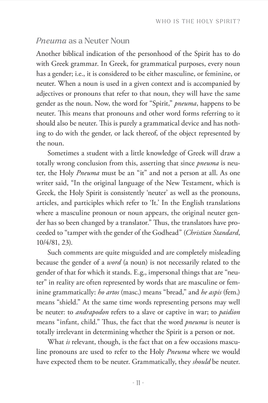 A book page with the heading 'WHO IS THE HOLY SPIRIT' and the text 'Pneuma as a Neuter Noun' in a serif typeface, with a small Bible verse reference at the bottom.
