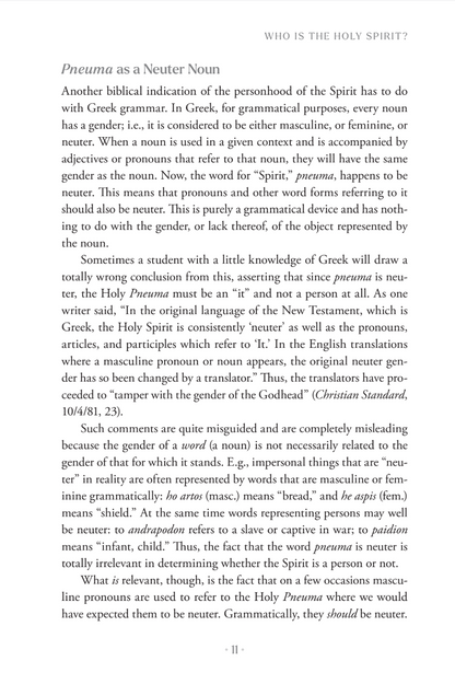 A book page with the heading 'WHO IS THE HOLY SPIRIT' and the text 'Pneuma as a Neuter Noun' in a serif typeface, with a small Bible verse reference at the bottom.