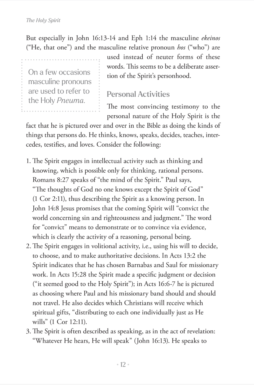 A text page from a religious book titled 'The Holy Spirit' with printed black text on a white page, discussing the Holy Spirit's role and personal activities.