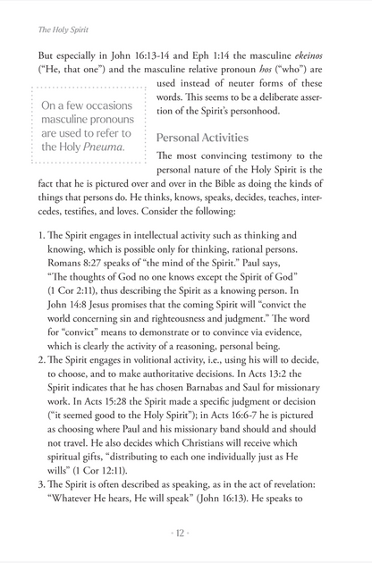 A text page from a religious book titled 'The Holy Spirit' with printed black text on a white page, discussing the Holy Spirit's role and personal activities.
