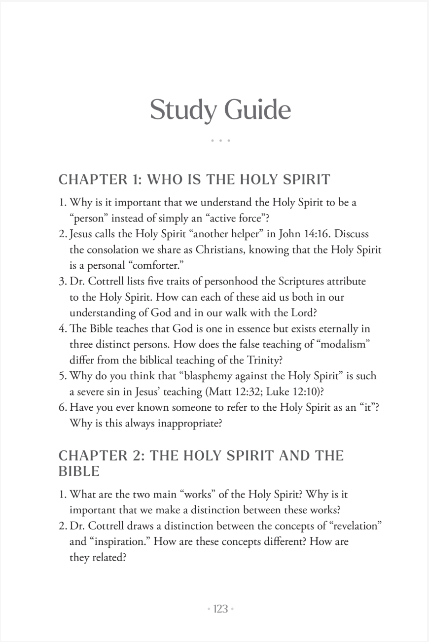A page from a study guide titled 'Study Guide' with chapter headings 'CHAPTER 1: WHO IS THE HOLY SPIRIT' and 'CHAPTER 2: THE HOLY SPIRIT AND THE BIBLE,' plus a page number '123' at the bottom.