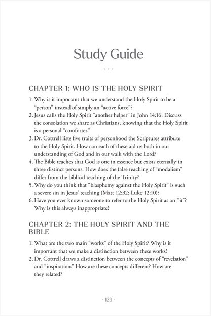 A page from a study guide titled 'Study Guide' with chapter headings 'CHAPTER 1: WHO IS THE HOLY SPIRIT' and 'CHAPTER 2: THE HOLY SPIRIT AND THE BIBLE,' plus a page number '123' at the bottom.