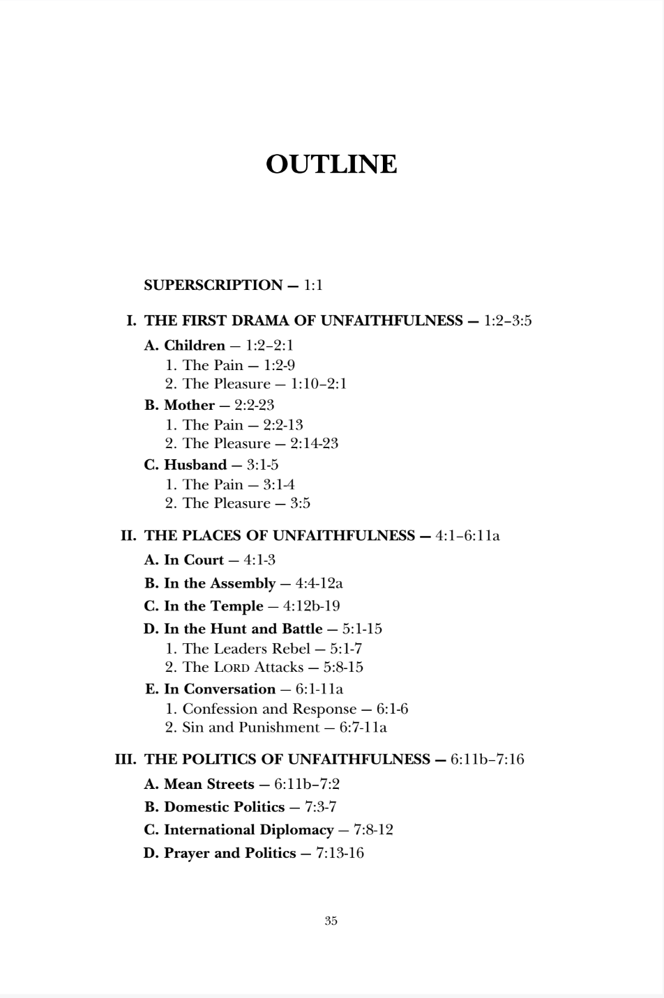 A text-based outline page titled 'OUTLINE' with subsections for 'SUPERSCRIPTION = 1:1' and chapter headings from 'The First Drama of Unfaithfulness' in a serif font on a white page.