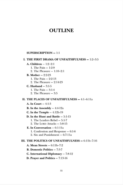 A text-based outline page titled 'OUTLINE' with subsections for 'SUPERSCRIPTION = 1:1' and chapter headings from 'The First Drama of Unfaithfulness' in a serif font on a white page.