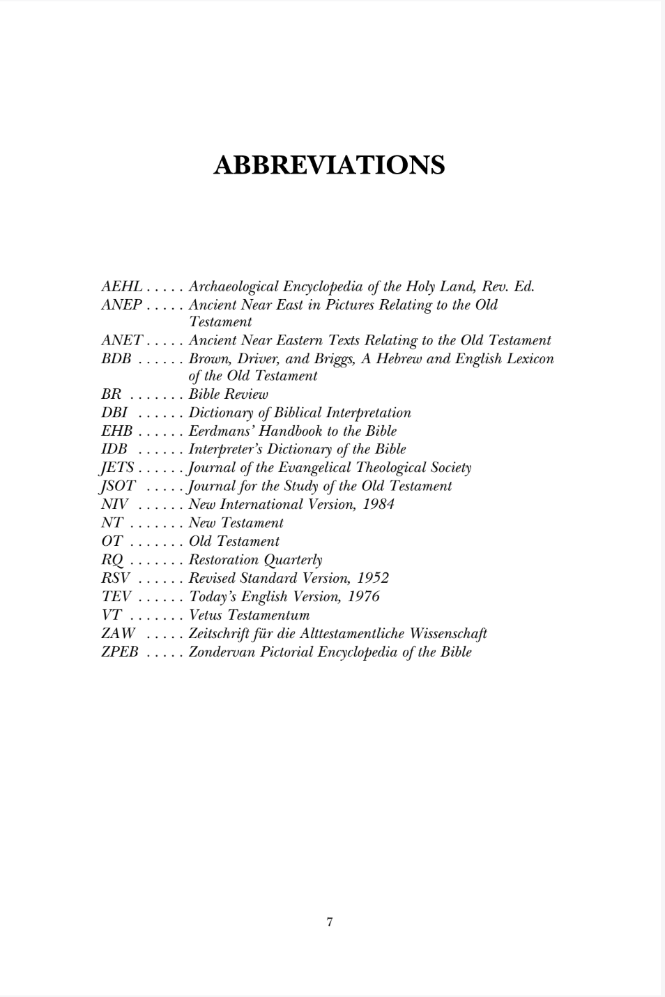 A black-and-white page titled 'ABBREVIATIONS' listing many shortened book and scripture references with page number 7 at the bottom.
