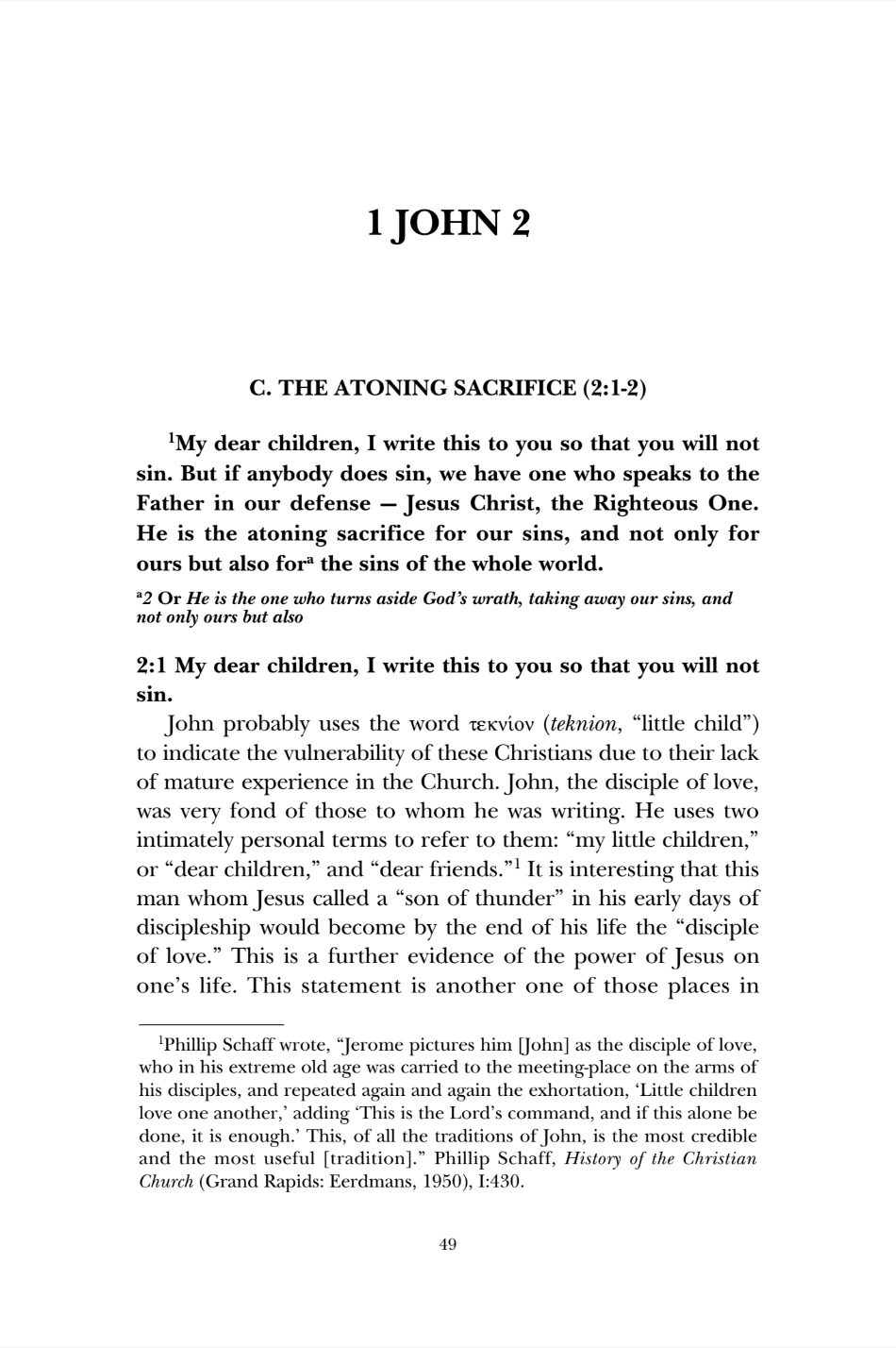 A scanned book page showing the Bible text '1 John 2' with a large title at the top and scripture verses below, including 'C. THE ATONING SACRIFICE (2:1-12)'.