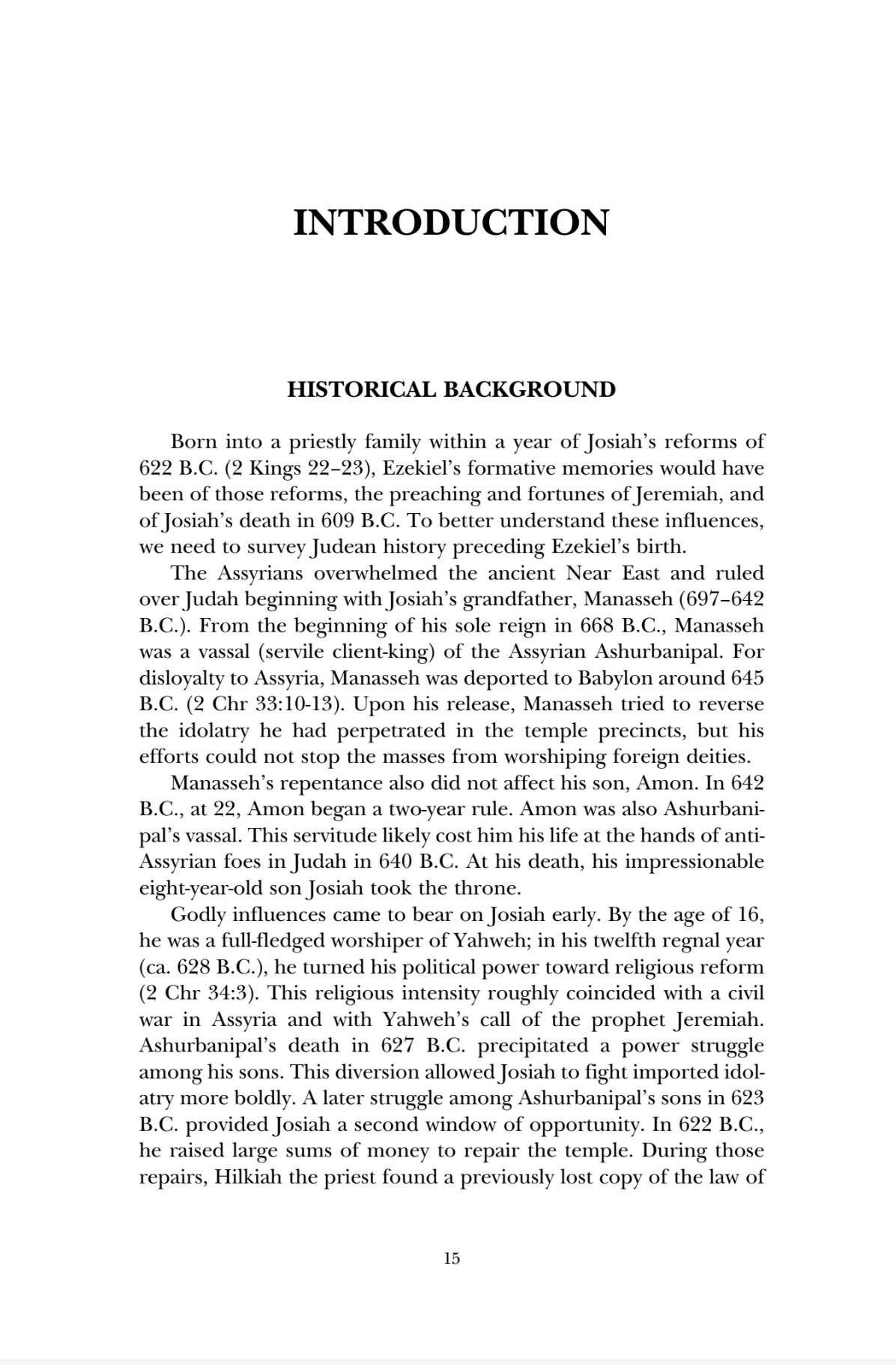 A scanned book page with the heading INTRODUCTION and the subheading HISTORICAL BACKGROUND, containing a paragraph of text about Josiah's reforms and Manasseh, with page number 15 at the bottom.