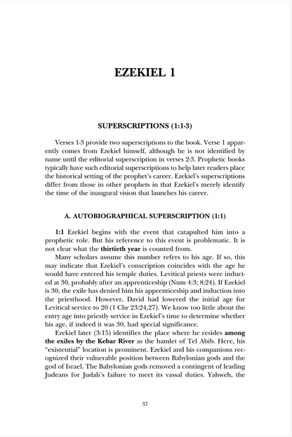 A scanned book page showing the biblical text 'EZEKIEL 1 SUPERSCRIPTIONS (1:1-3)' with a title, verse references, and a section heading 'A. AUTOCRITICAL SUPERSCRIPTIONS (1:1)'.