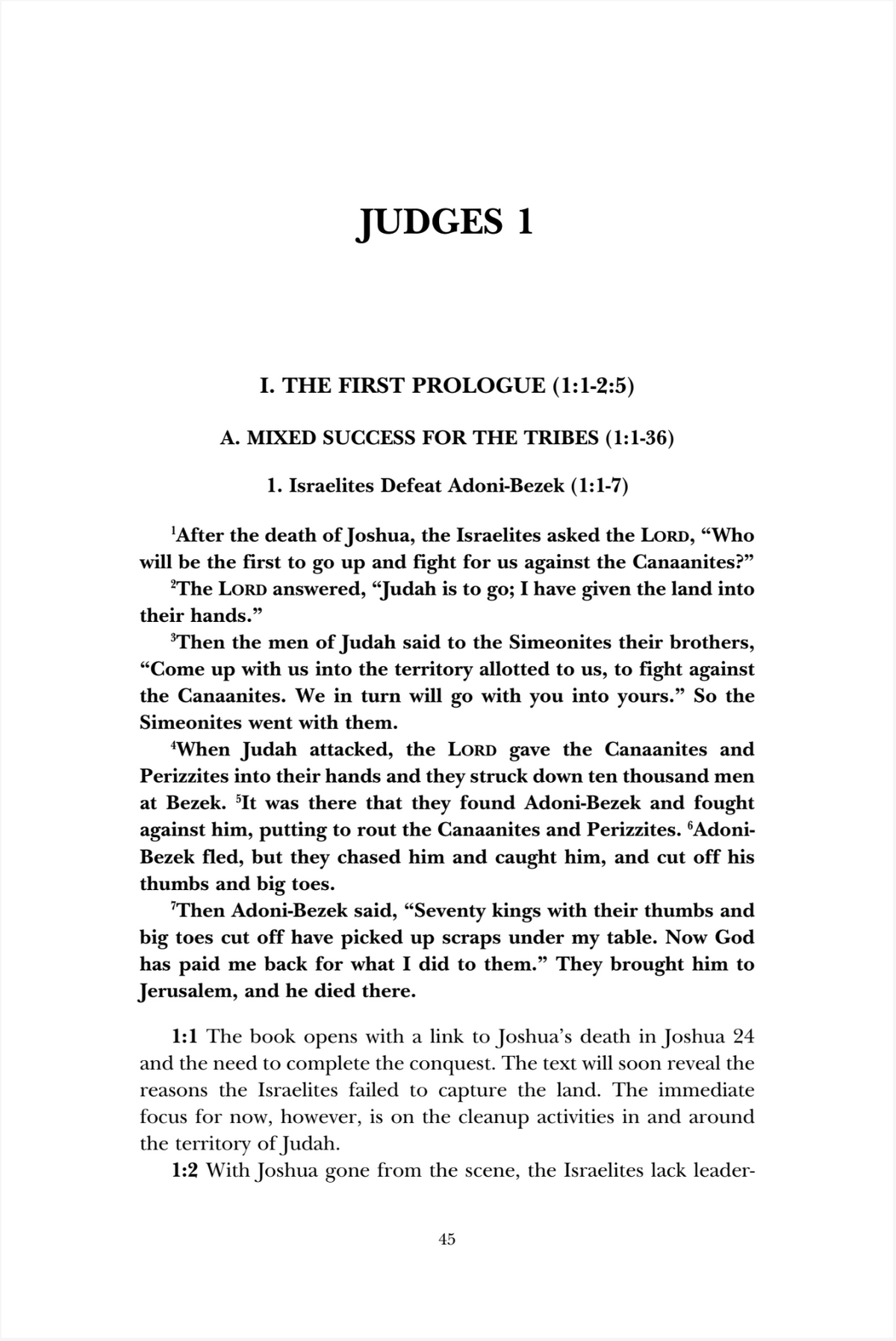 A scanned book page showing the beginning of the biblical book Judges, with the title 'JUDGES 1' at the top and the first chapter text below in a serif typeface.
